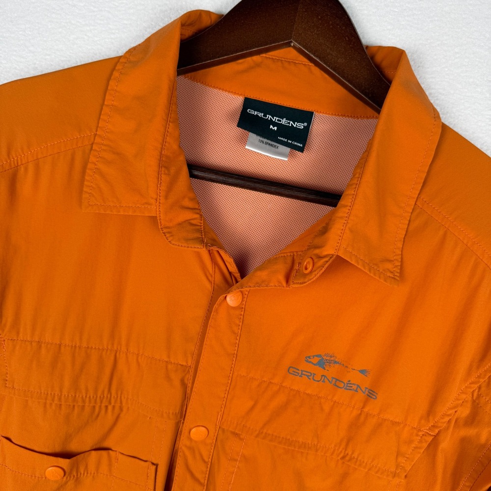Grundens Hooksetter Fishing Shirt Mens M Orange Nylon Vented Roll Up Sleeves